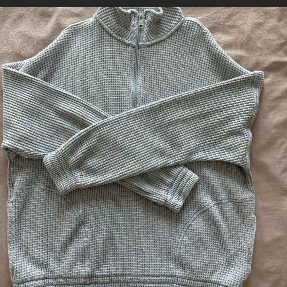 Gray Waffle Knit Zip-Up Sweater